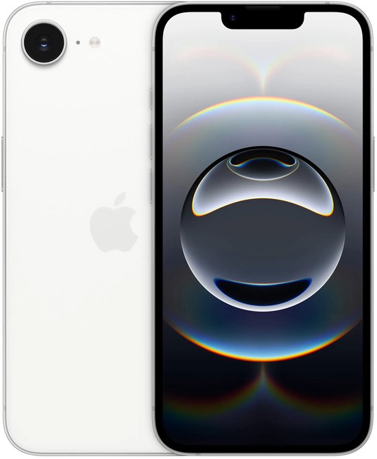 Witte iPhone getoond met zowel de achterkant met Apple-logo als de voorkant met scherm.