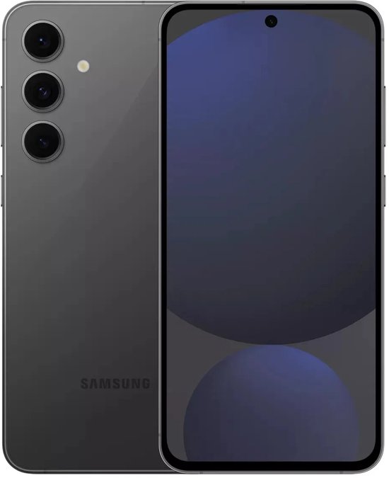 Samsung Galaxy S24 FE grafiet: achterzijde met drie cameralenzen naast een vooraanzicht van het scherm.
