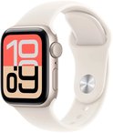 Zijaanzicht van Apple Watch met sterlicht aluminium kast en witte sportband, tijd 10:09.