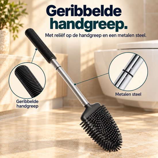 Zwarte toiletborstel met geribbelde handgreep en metalen steel voor extra grip.