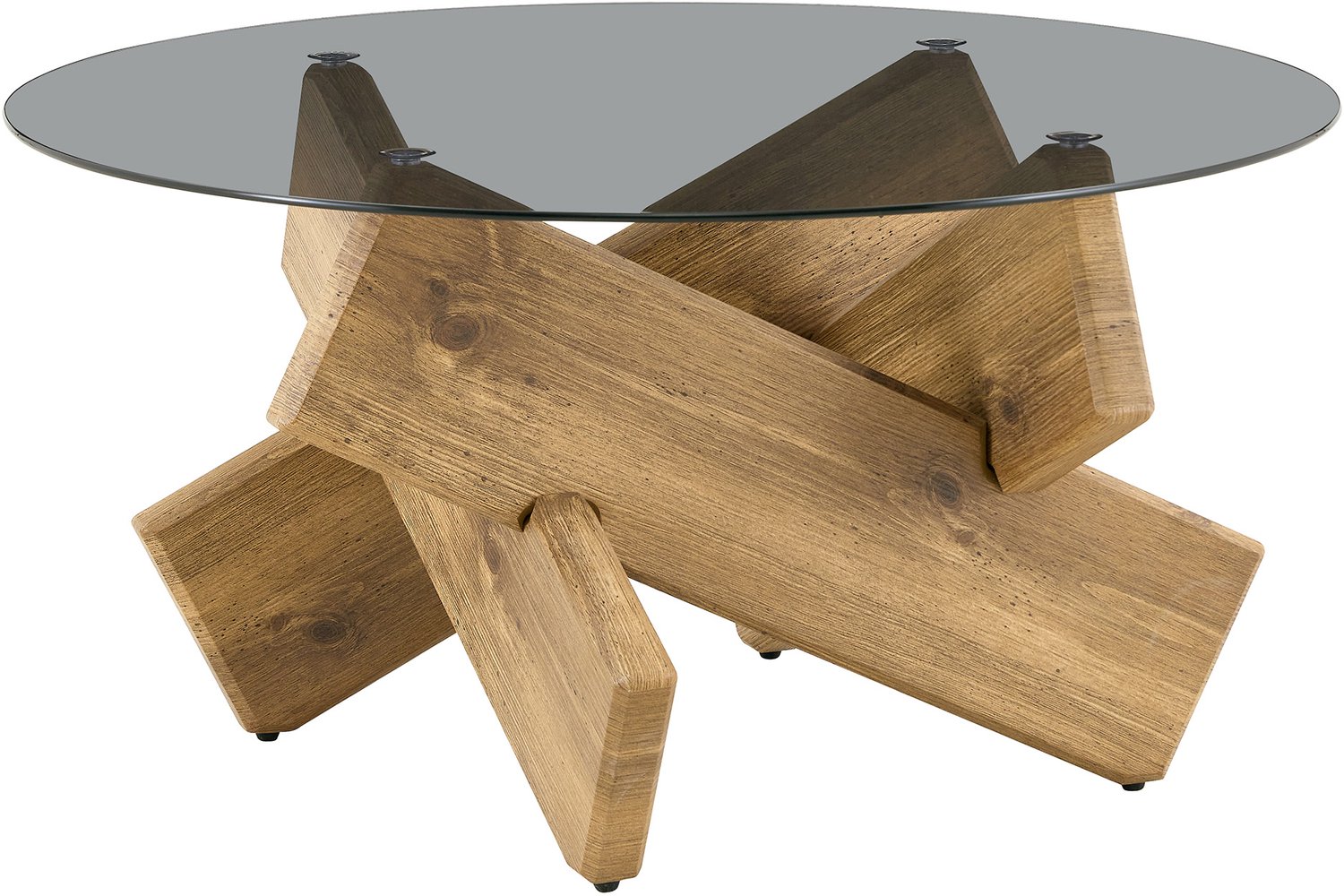 SONNENH Ronde salontafel - Gehard glas en geometrisch MDF onderstel - Ø 79 cm - Natuurlijke houtlook