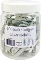 Houten knijper zilver metallic 4,5 cm - knijpers in pot - 60 stuks