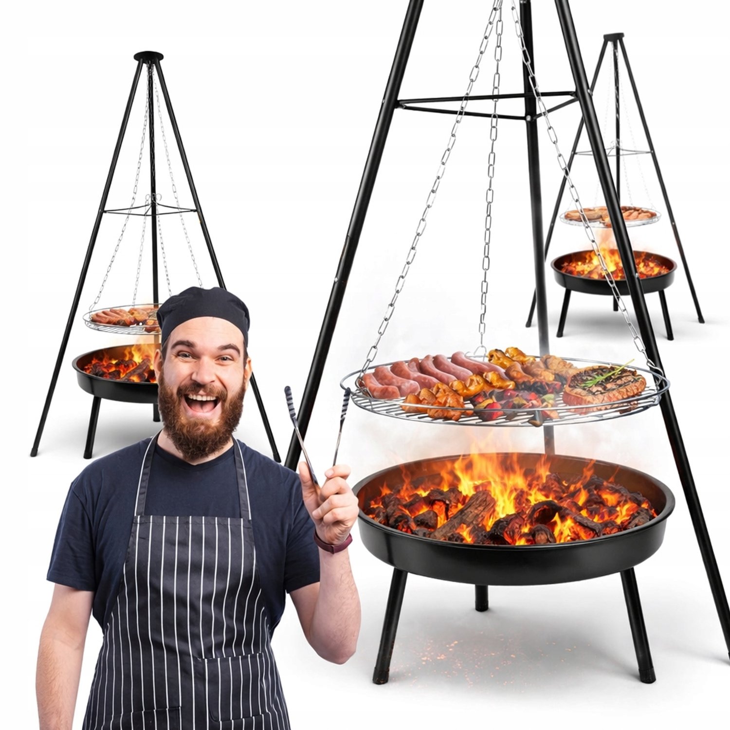 Grote Hangende Tuinhaard Grill 50cm met Driepoot & Verstelbaar Rooster