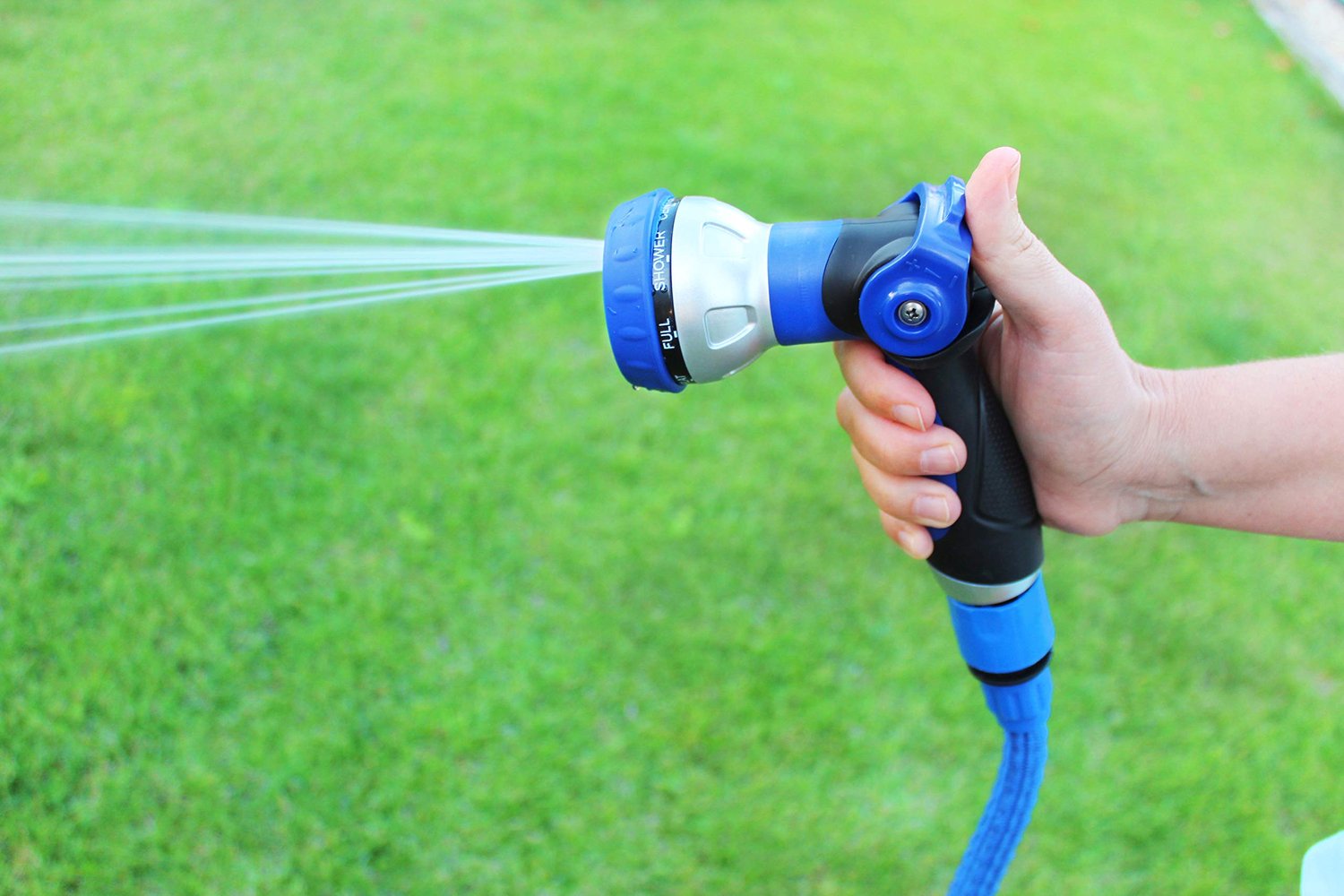 S&M 590078 Spiraalslangset, blauw, 15 meter (9 mm diameter) + multifunctioneel pistool met 8 sproeiers + automatische - ShopVlot