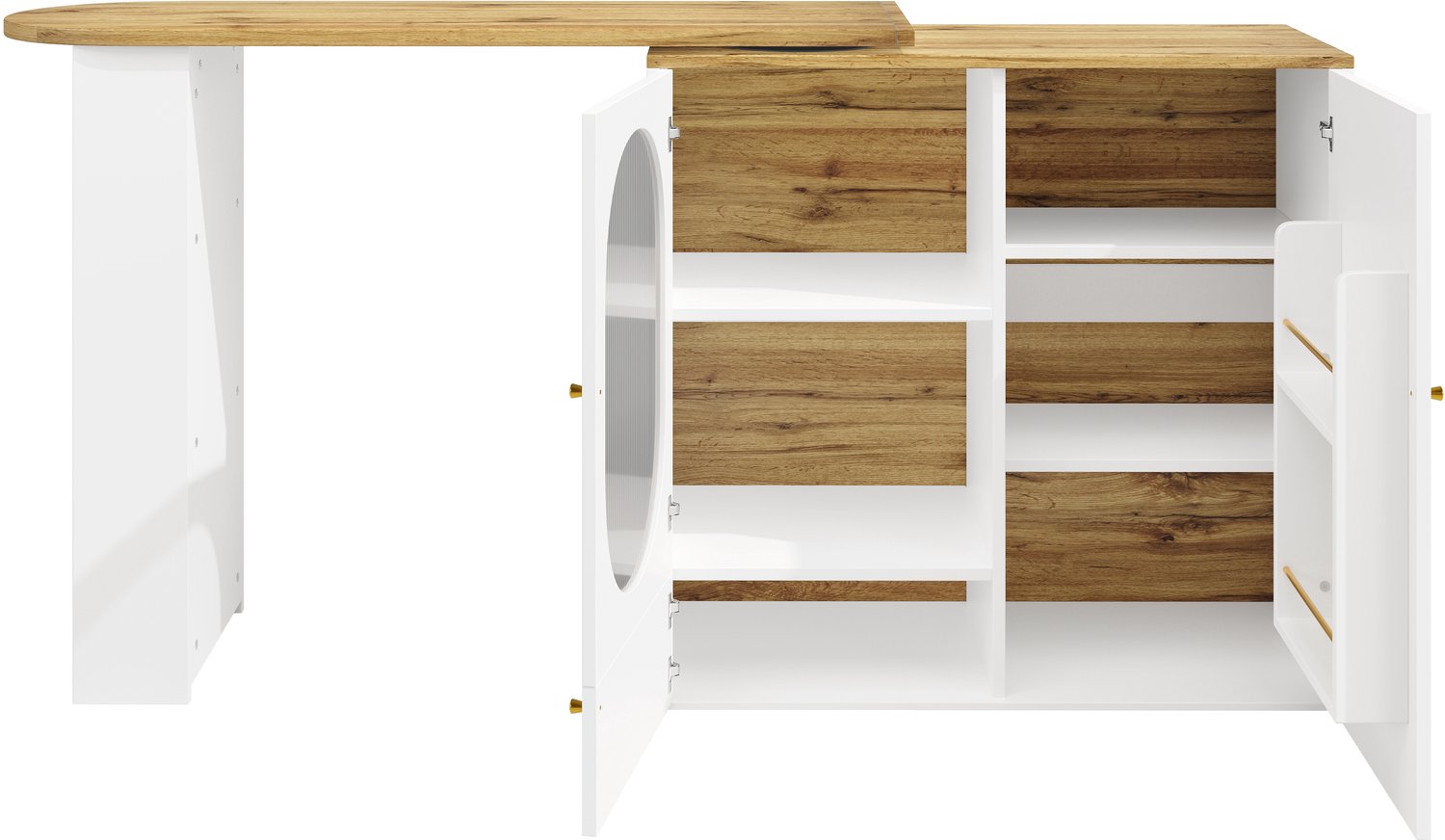 SONNENH Draaibare bartafel met opbergkast en zijvakken - MDF - 138 tot 204 cm - Wit en eikenhoutlook