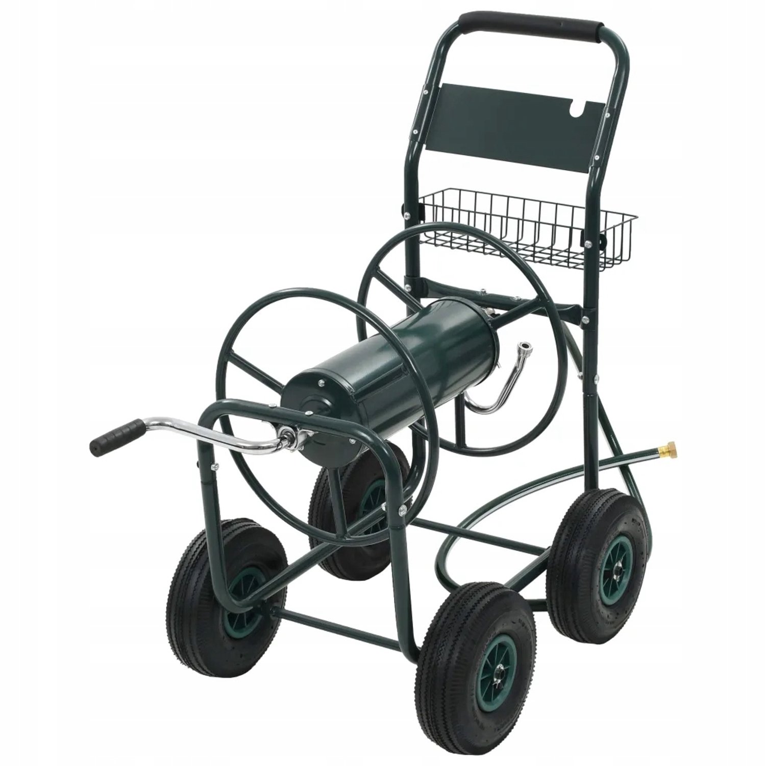 Groene stalen slanghaspel met anti-slip wielen en mand