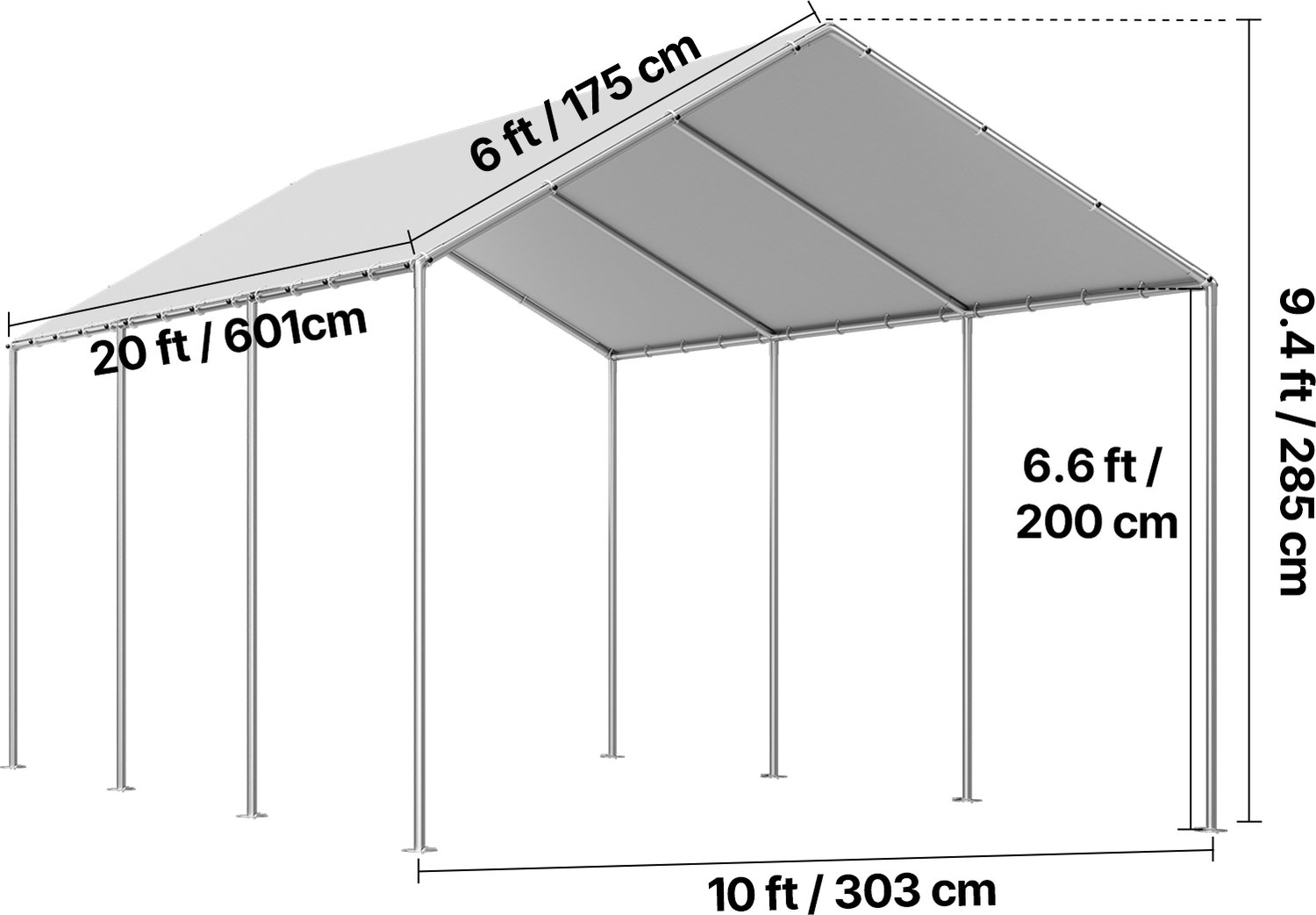 Carport Vervanging Afdak 10x20ft Grijs - UV-bestendig - PE-geweven Stof - Met Zijwanden - Draagbare Garage