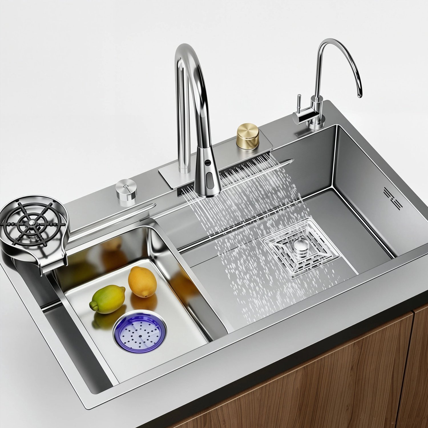 Keukenkraan - Keukenmengkraan - Watervalkraan - Roestvrij Staal 304 - Nanocoating - Enkele Spoelbak - Rechthoekige Kom - Zelfstandige Montage - Uitvoering 68x45cm - Voor Keuken en Thuisgebruik