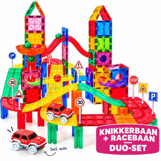 Kleurrijke magnetische knikker- en racebaan met twee rode speelgoedauto's en verkeersborden. Tekst: Knikkerbaan + Racebaan Duo-set.