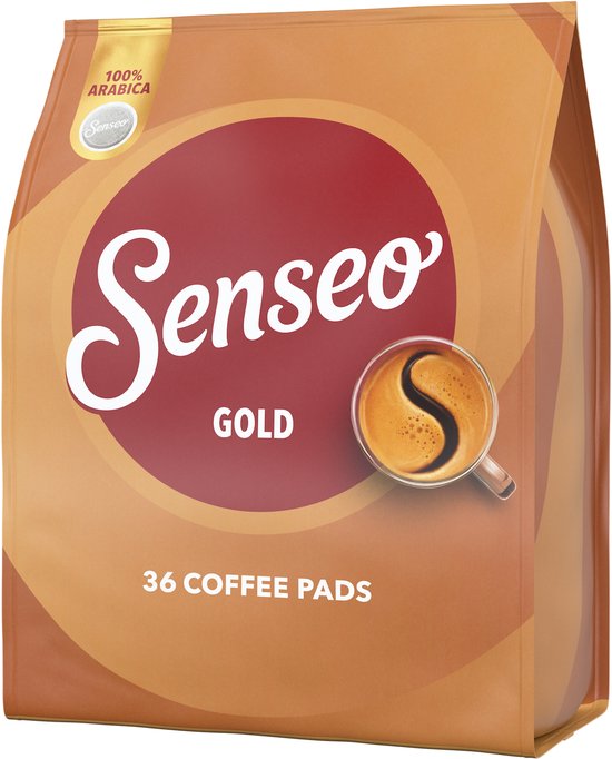 Verpakking Senseo Gold koffiepads, 36 stuks, bruin zakontwerp met 100% Arabica logo en afbeelding van koffiekopje.