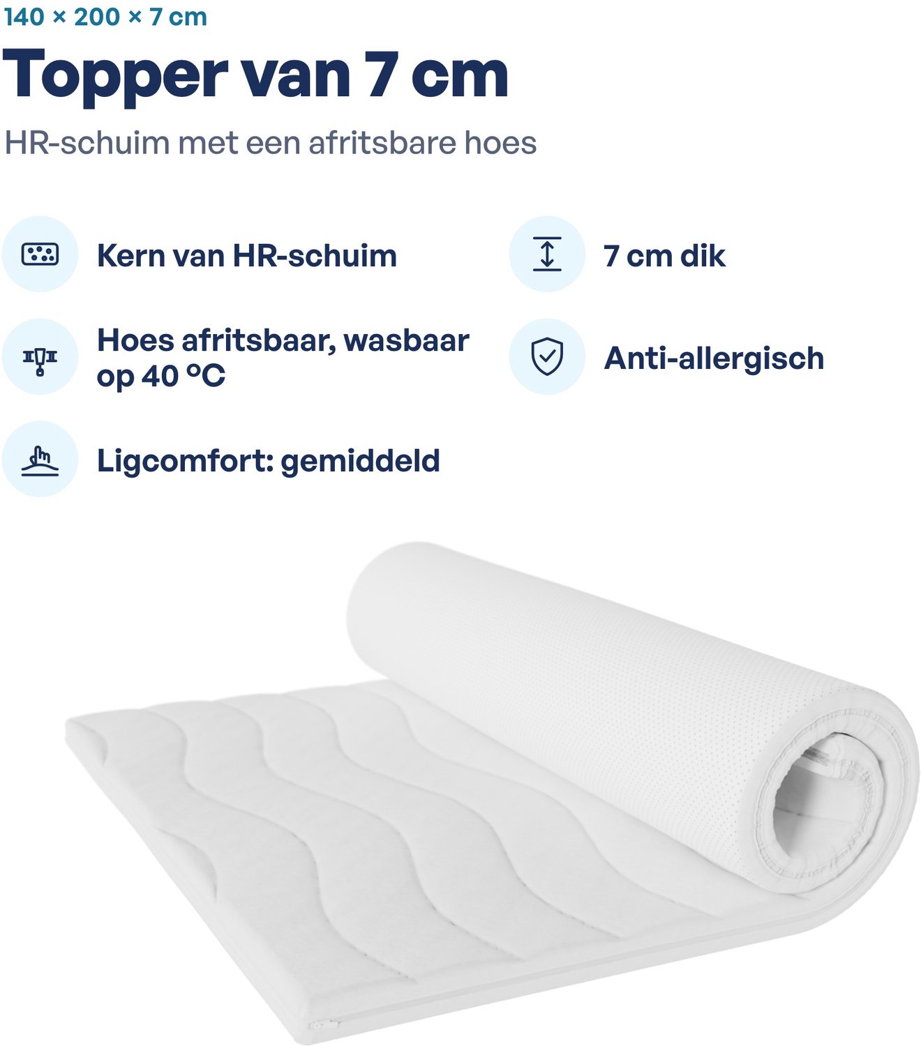 Toros Bedden Topper 140x200 - 7 cm HR Koudschuim - Topmatras / Topdekmatras - Afritsbare Bamboe Hoes - Wasbaar - Anti -allergisch - Hotelkwaliteit wit