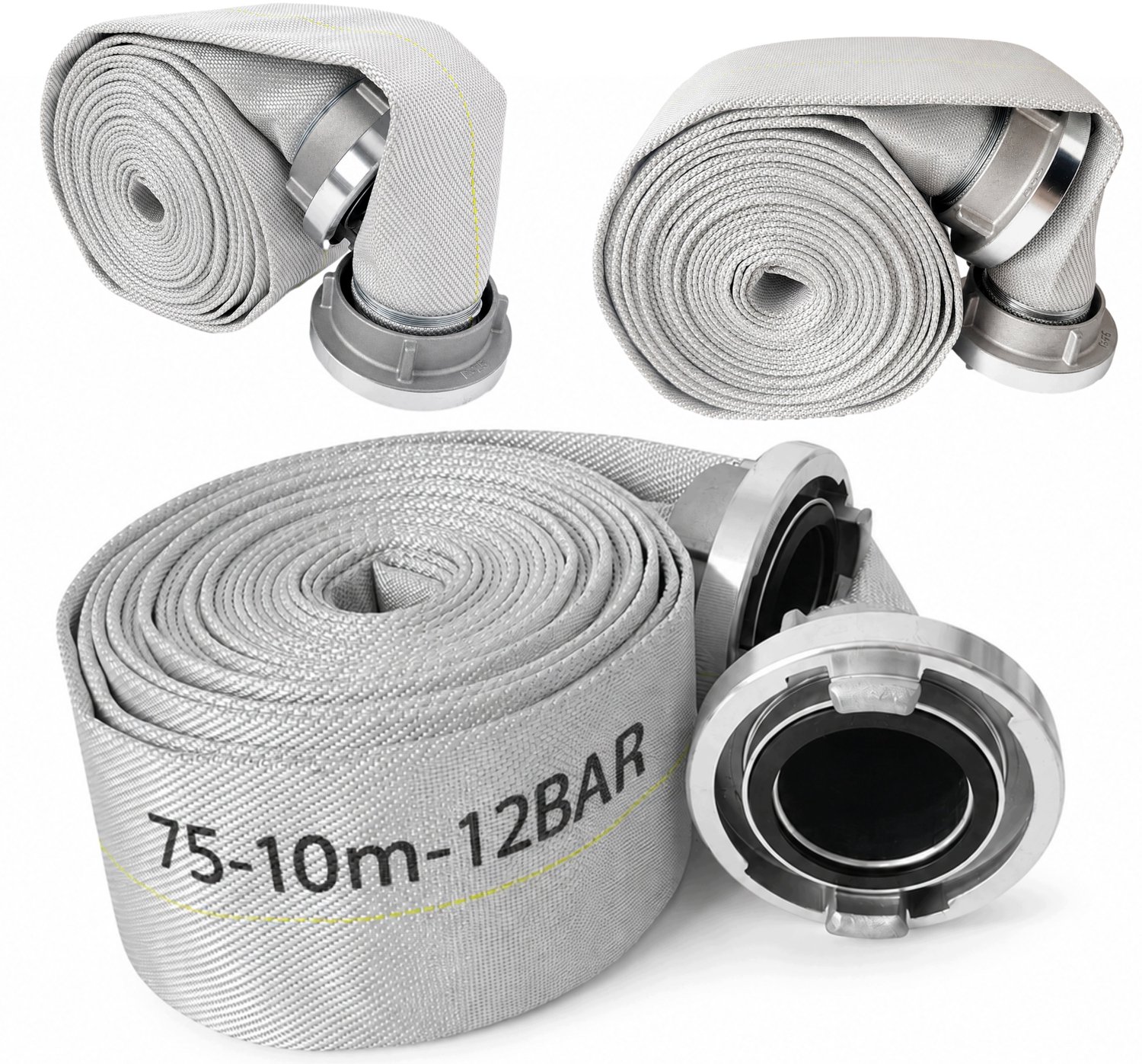 Brandloze Brandweerslang 75mm, 10m, 12 BAR, met Aluminium Koppelingen