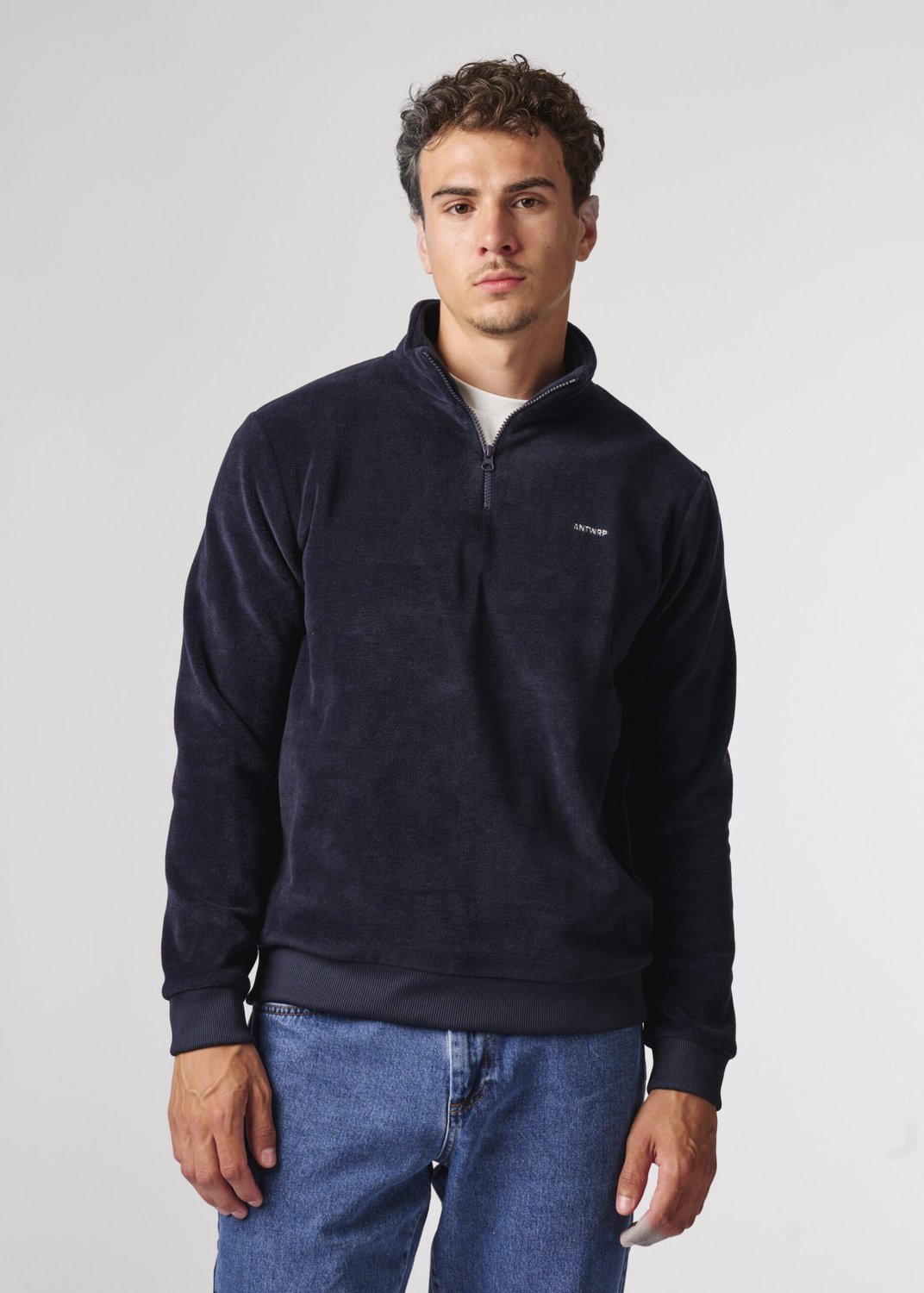 Antwrp sweater donkerblauw met halve rits en opstaande kraag voor heren - L (40)