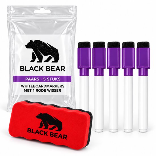 Set van vijf paarse whiteboardmarkers in verpakking met een rode wisser.