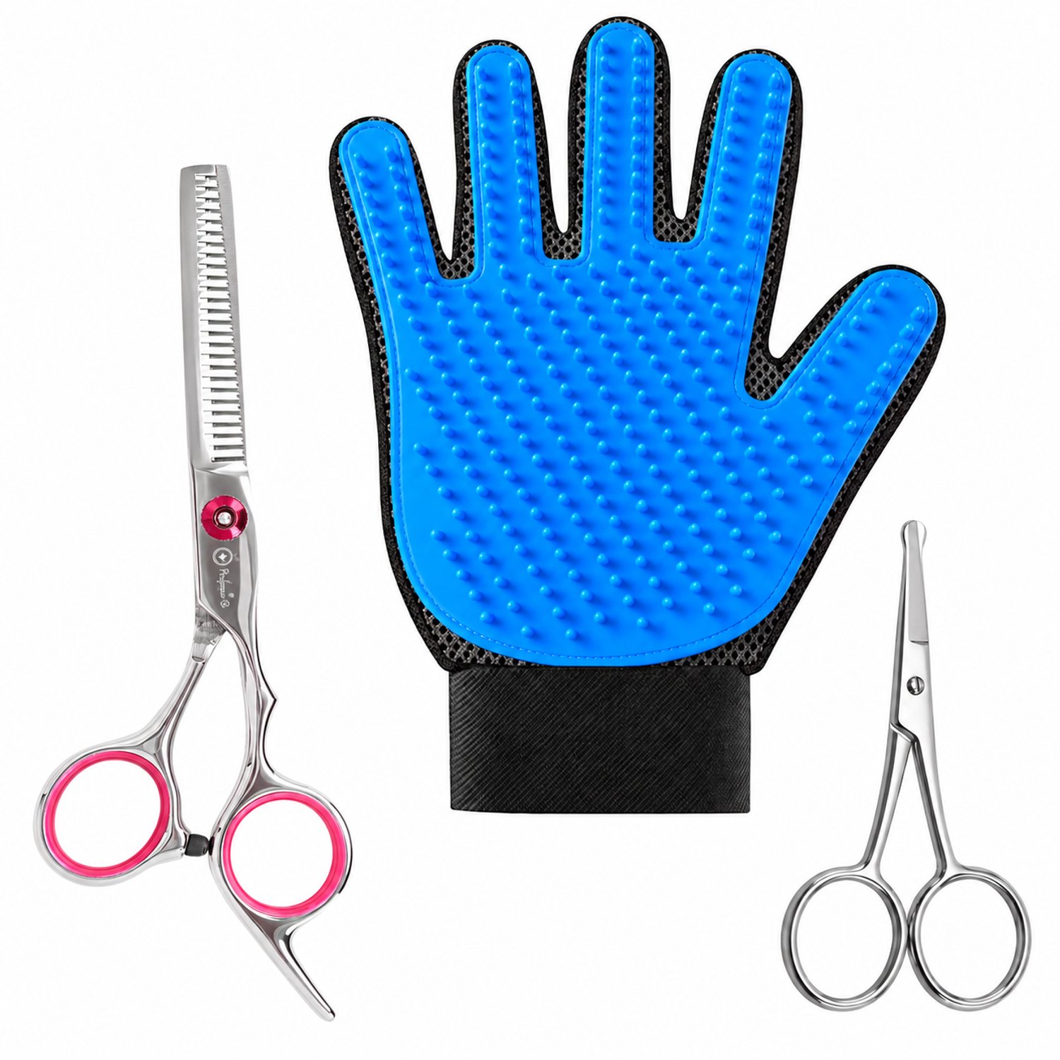 Professor Q Hondentrimset - Effileerschaar Zilver/Roze - Potenschaar Zilver en Vachthandschoen Blauw - 3-delig