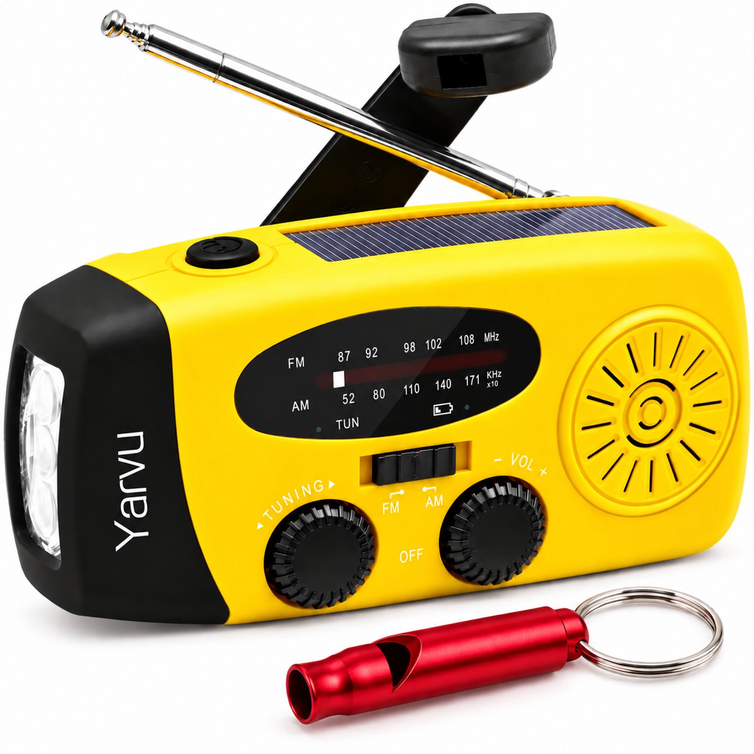 Yarvu ® Noodradio Solar Opwindbaar + Noodfluit - 2000mAh - Powerbank - LED Zaklamp - Op Accu - Aanzwengelen - FM AM Radio - Zonne Energie - SOS Sirene - Geel