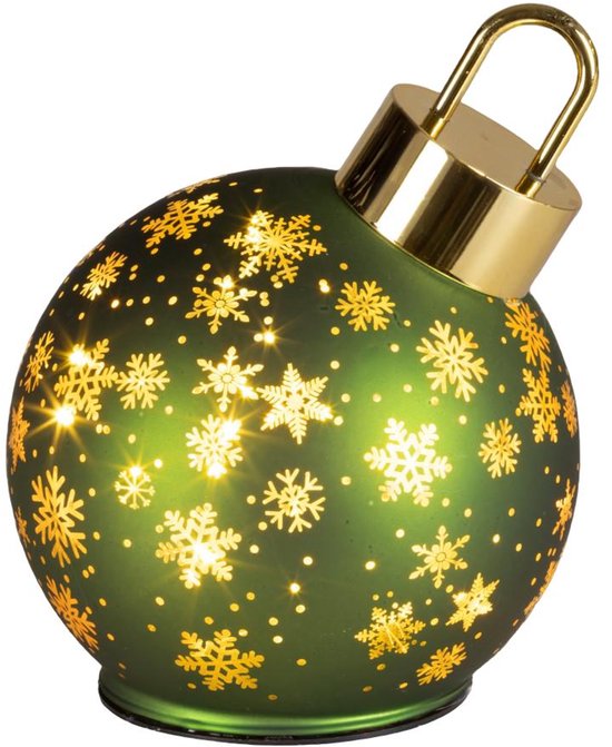 Boule de Noël verte avec des motifs de flocons de neige dorés et un intérieur lumineux, surmontée d'un capuchon doré.