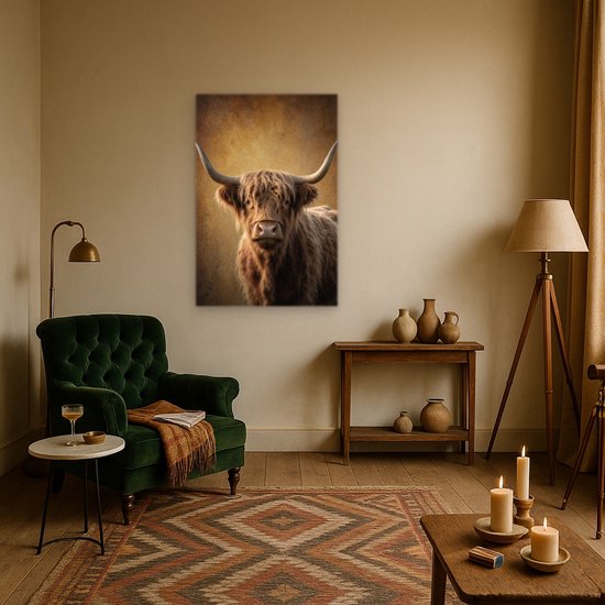 Canvas schilderij van een Schotse hooglander boven een groene fauteuil in een rustiek interieur.