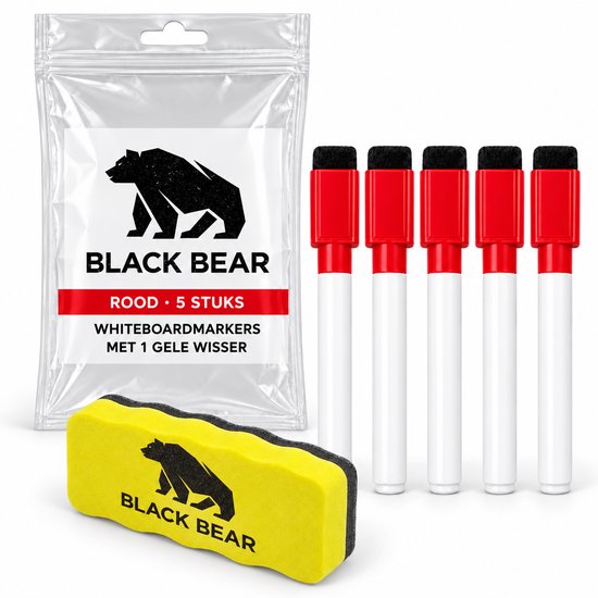 Set van 5 rode whiteboardmarkers in verpakking met een gele Black Bear wisser.
