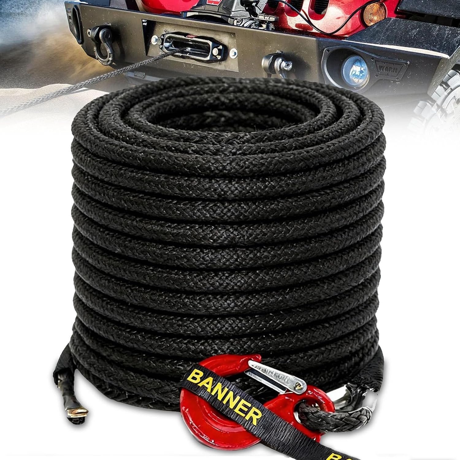 Duurzame synthetische sleepkabel van 15 meter met 8 mm diameter en metalen haak voor SUV, ATV en UTV, 6000 kg trekcapaciteit