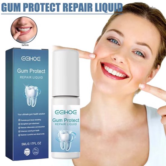 Vrouw met een stralende glimlach naast een flesje en doosje Eelhoe Gum Protect Repair Liquid voor tandvleesherstel.