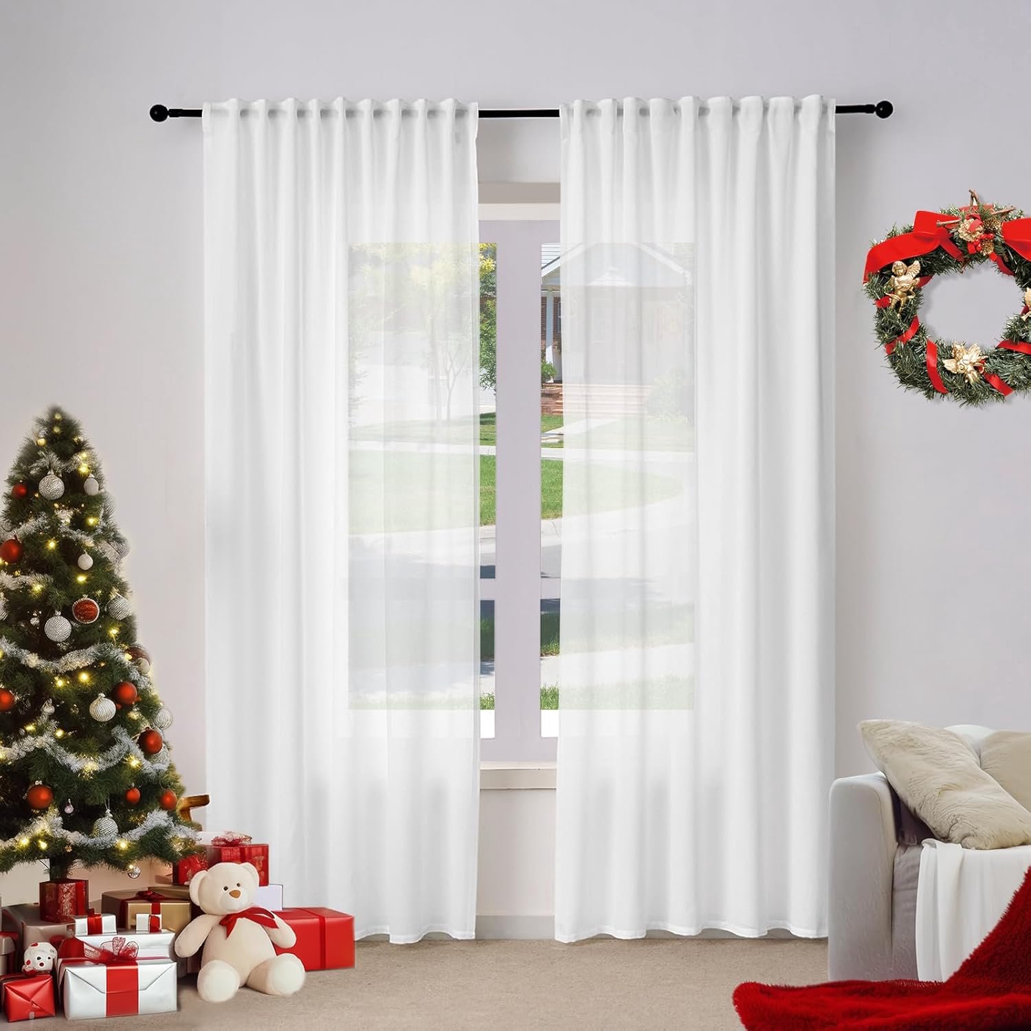 SnelShoppen - 2 Stuks Semi-Transparante Gordijnen met Kreukband, 100% Polyester, W135x245 cm, Wit, Modern voor Woonkamer en Slaapkamer