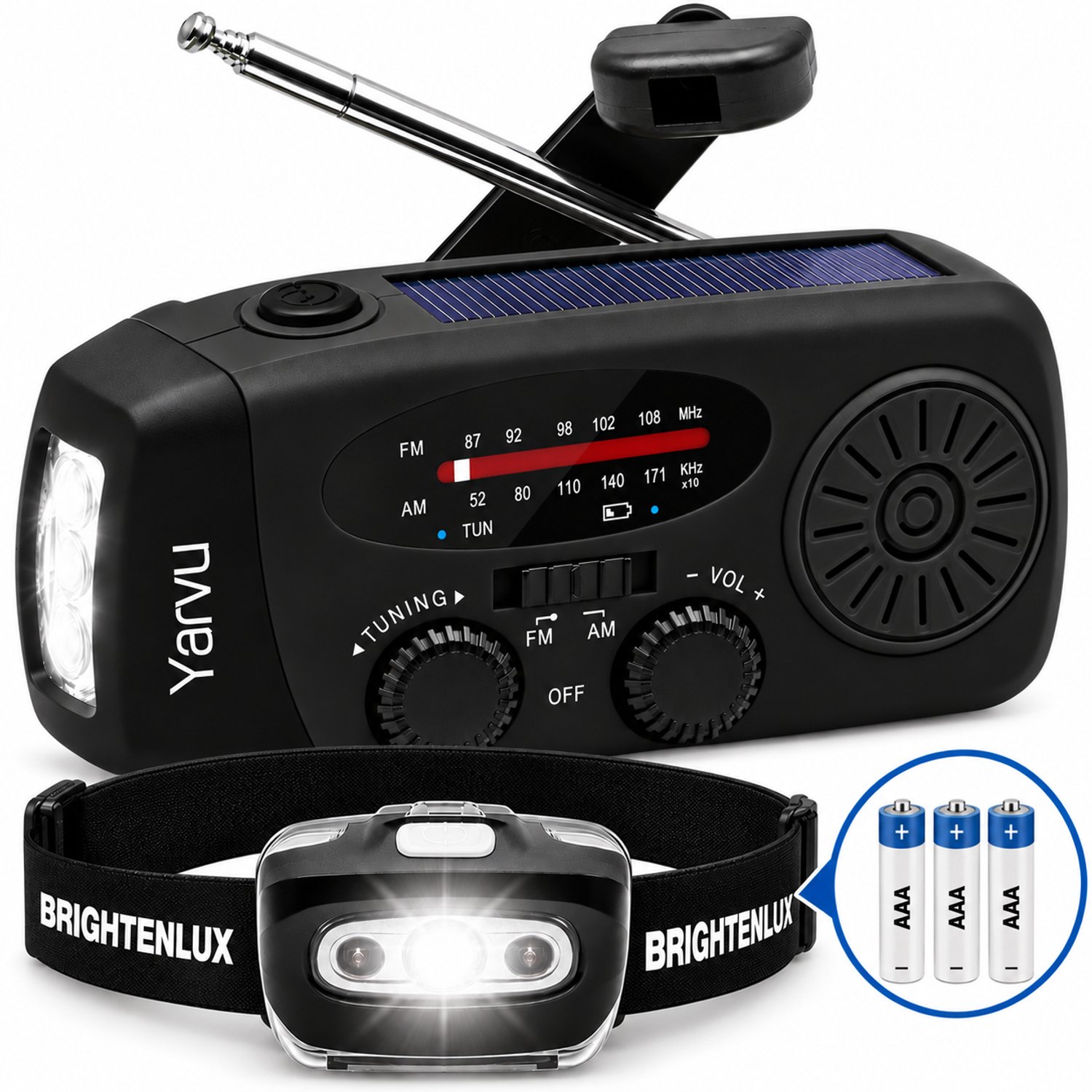 Yarvu ® Noodradio Solar Opwindbaar + LED Hoofdlamp op Batterijen - Noodpakket - 2000mAh - Powerbank - LED Zaklamp - Op Accu - Aanzwengelen - FM AM Radio - Zonne Energie - SOS Sirene - Zwart