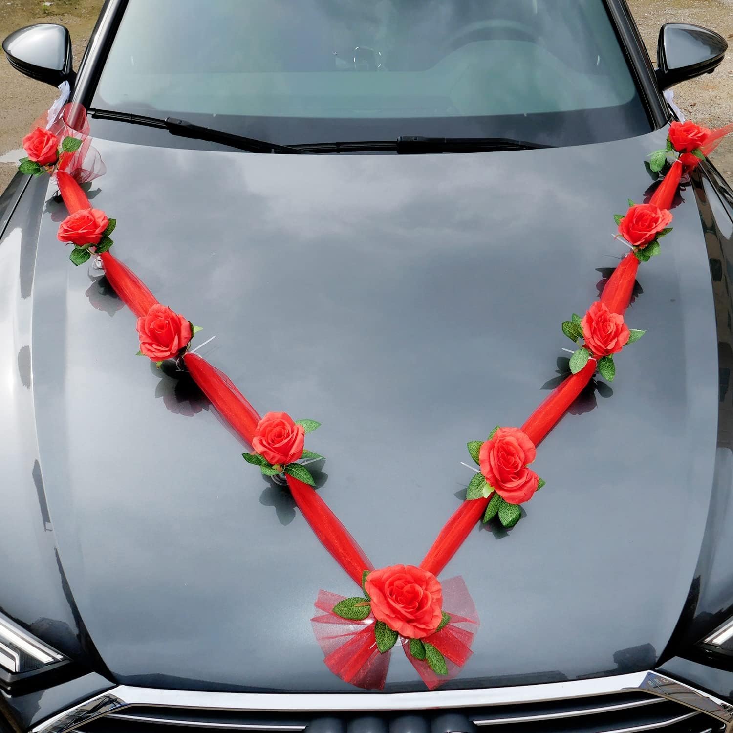 SnelShoppen - Bruiloft Auto Decoratie Set met Rozen, Tulle en Zijde, 2 Stuks, Rood, Makkelijk te Bevestigen op Glad oppervlak, Geschikt voor Trouwerij