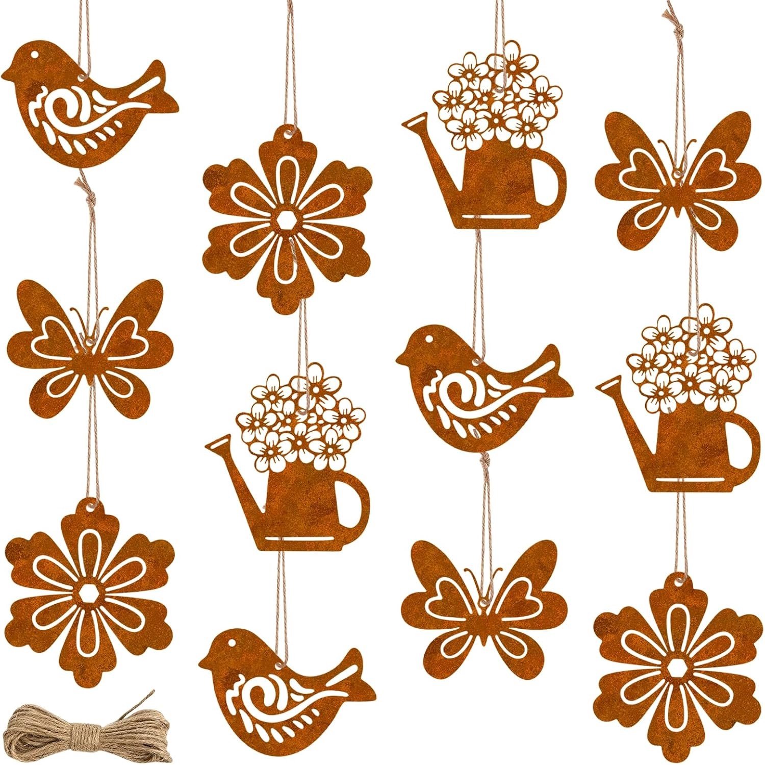 Lente decoratie set met 12 stuks, hangende versieringen van roestvrij metaal voor tuin, Pasen, vlinders, vogels, bloemen en gieter decoratie met touw