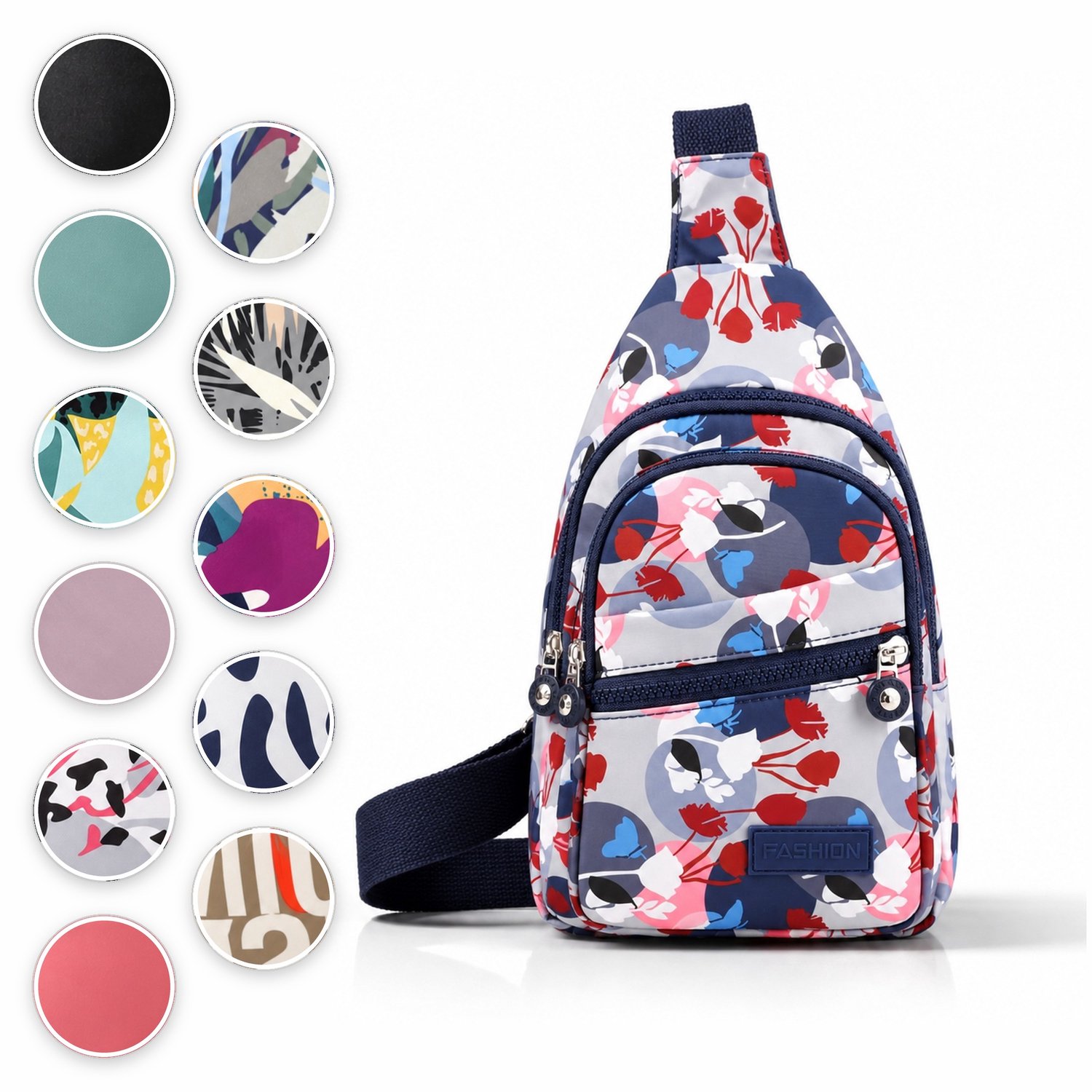 ÉLEVÉA® Crossbody Tas Dames - Schoudertas Dames - Anti Diefstal - Waterdicht en Compact - Handtas / Sling Bag - Crossbodytas Dames / Heren - Nektasje - Navy Petal Bladprint - Crossover - Rugzak - Chestbag - Borsttas