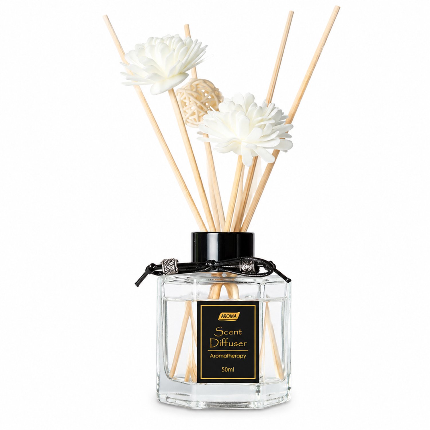 SWGOTA Geurstokjes 50 ml zonder vlam, decoratieve flacon met witte bloemen en zwarte strik voor slaapkamer en badkamer Transparant