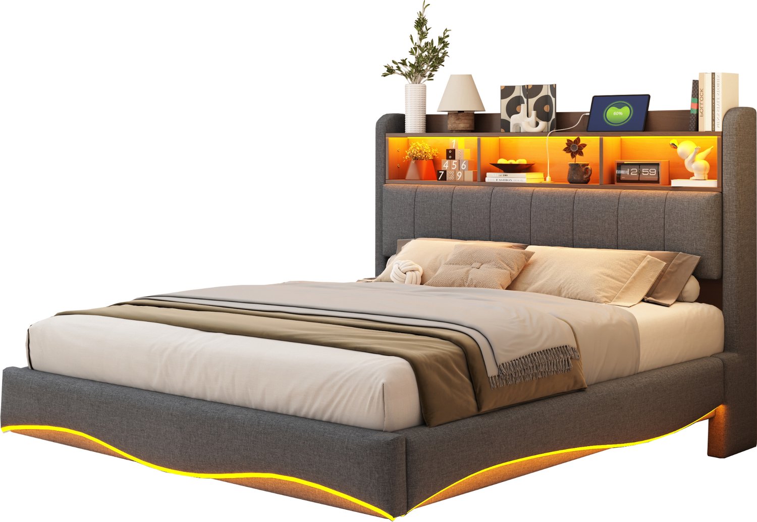 MUVANO Gestoffeerd bed 140x200 cm - zwevend bed met gebogen ontwerp, ledverlichting, usb- en type-c-aansluitingen, linnen bekleding, grijs