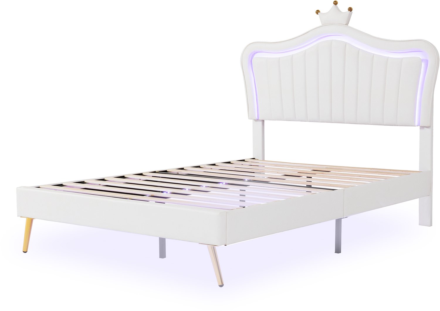 MUVANO Gestoffeerd kinderbed met kroon - wit meisjesbed 140 x 200 cm - LED-verlichting met afstandsbediening - kunstleer en lattenbodem