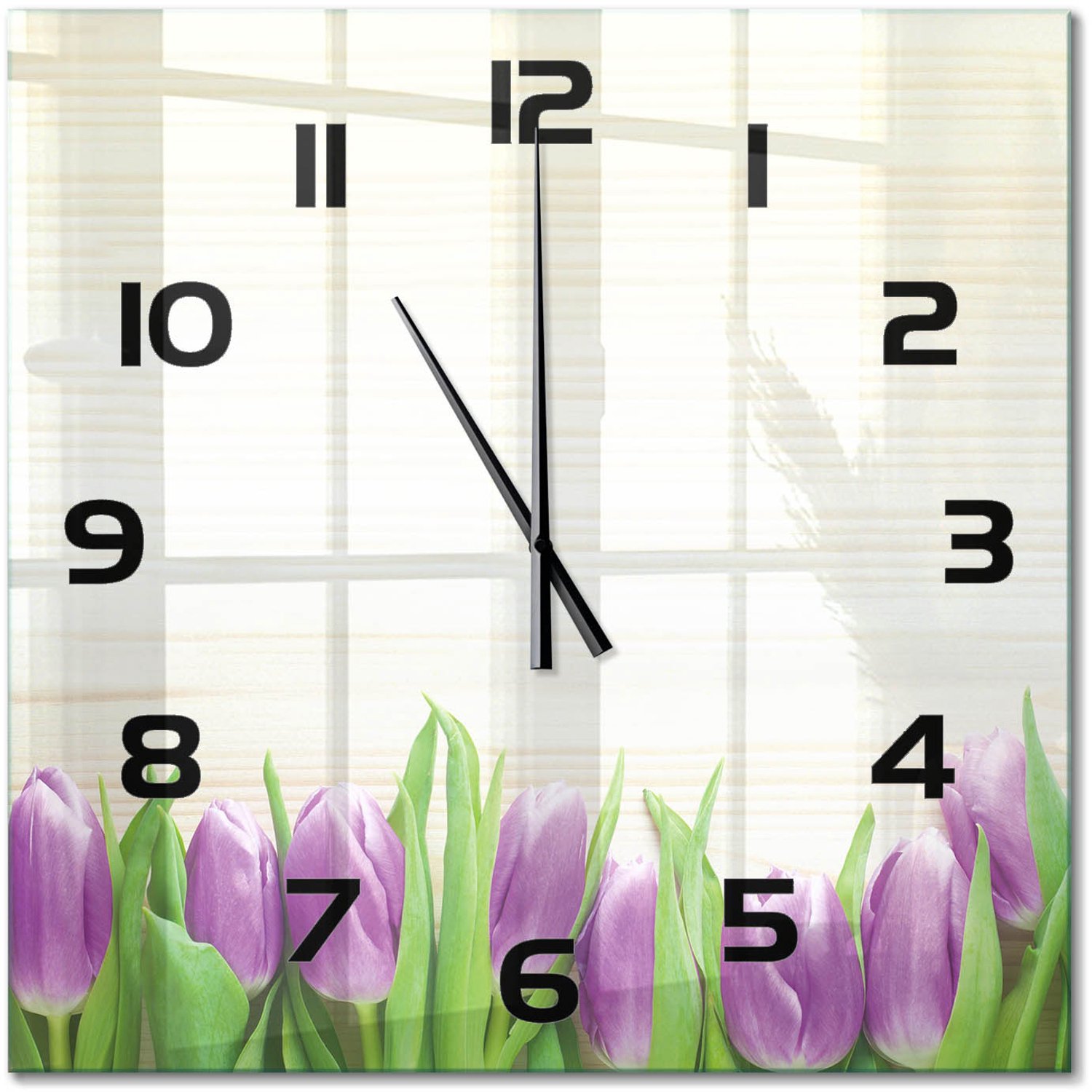 TULUP Wandklok - Paarse tulpen Wandklok Glas Met Motief - 60x60 cm - Paars Decoratieve Glazen Klok - Zwarte handen - Vierkante Klok - Gekleurde Glazen Klok - Glazen Klok Met Print