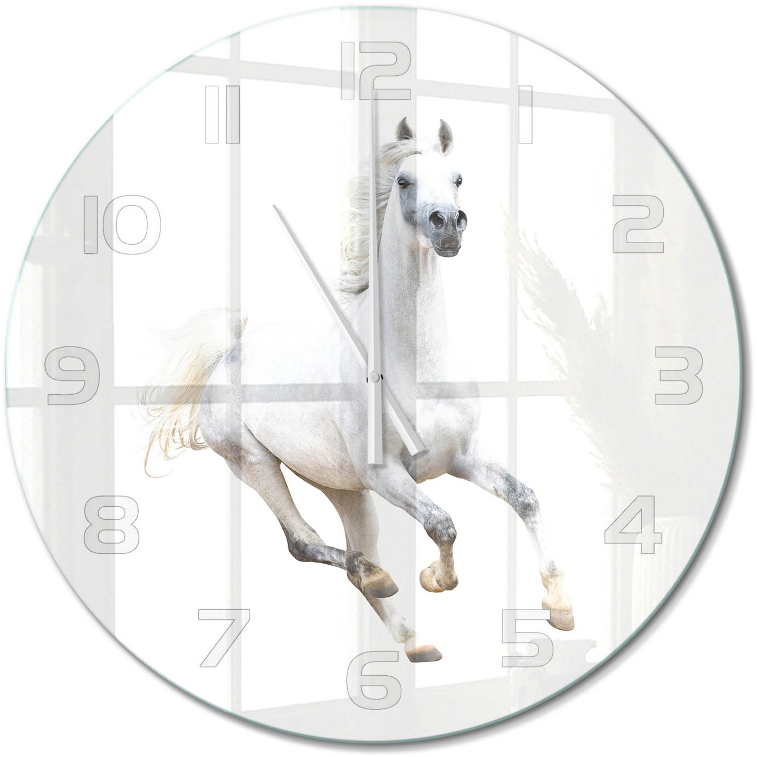 TULUP Wandklok - Wit Arabisch paard Glazen Wandklok Design - fi60 cm - Wit Klok Glas Met Opdruk - Witte handen - Ronde Klok - Wandklok Glas Met Motief - Decoratieve Glazen Klok