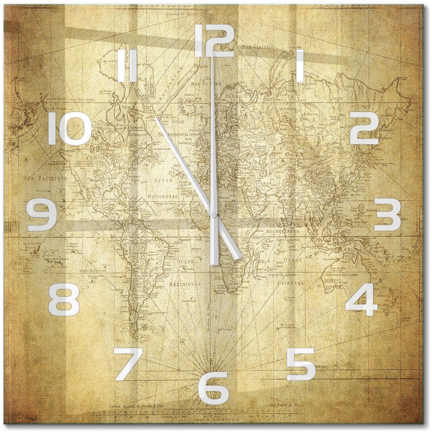 TULUP Wandklok - Oude wereldkaart Glazen Klok Met Print - 60x60 cm - Beige Wandklok Glas Met Motief - Witte handen - Vierkante Klok - Wandklok Glas Decoratie - Gekleurde Glazen Klok