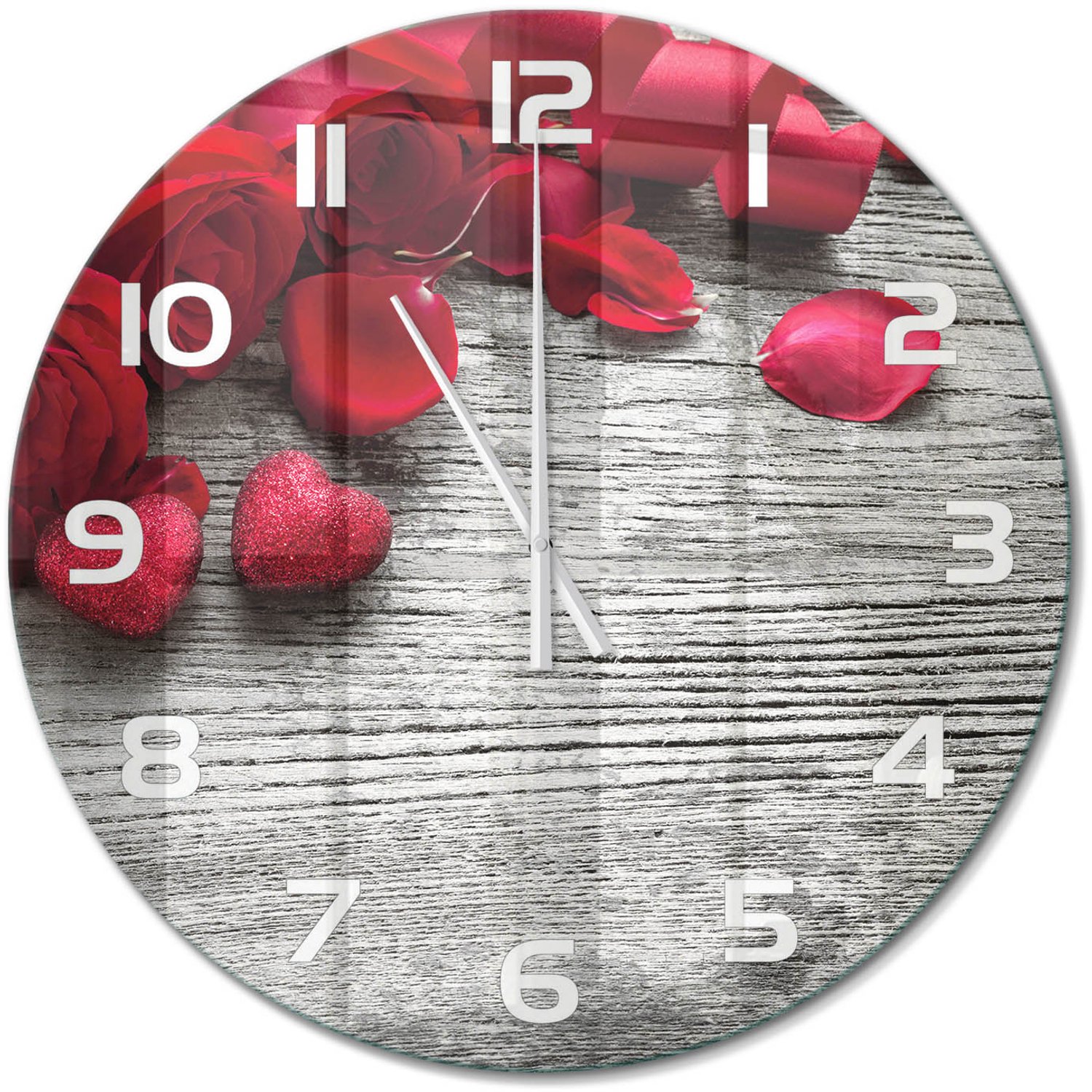 TULUP Wandklok - Rode rozen Decoratieve Glazen Klok - fi60 cm - Rood Glazen Wandklok Design - Witte handen - Ronde Klok - Glazen Klok Met Print - Wandklok Glas Met Motief