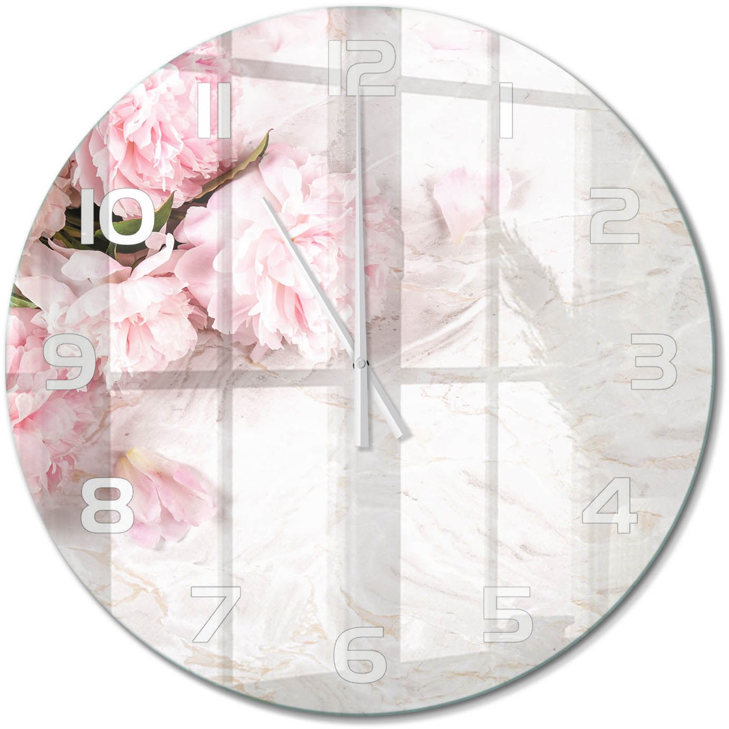 TULUP Wandklok - Pioenrozen Decoratieve Glazen Klok - fi60 cm - Roze Glazen Wandklok Design - Witte handen - Ronde Klok - Glazen Klok Met Print - Wandklok Glas Met Motief