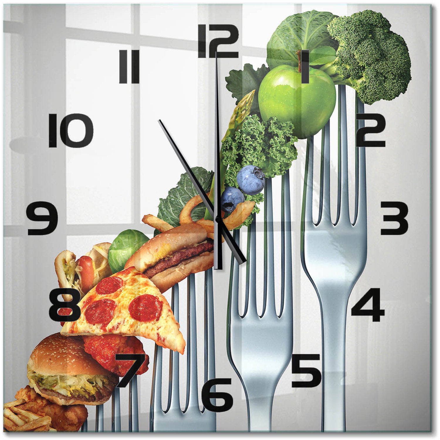 TULUP Wandklok - Vooruitgang in de voeding Gekleurde Glazen Klok - 60x60 cm - Veelkleurig Glazen Klok Met Print - Zwarte handen - Vierkante Klok - Moderne Wandklok Glas - Wandklok Glas Decoratie
