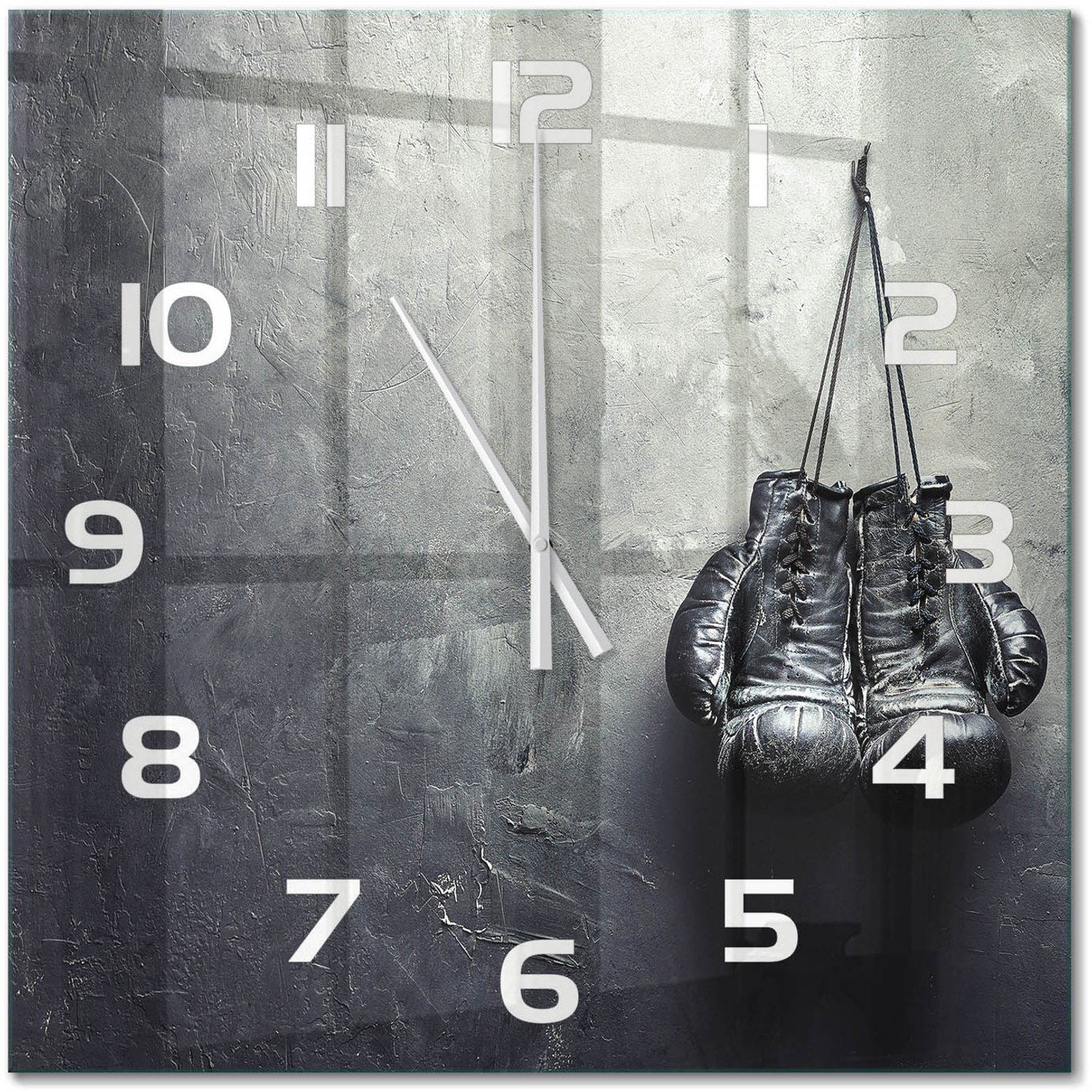 TULUP Wandklok - Bokshandschoenen Decoratieve Glazen Klok - 60x60 cm - Zwart-wit Glazen Wandklok Design - Witte handen - Vierkante Klok - Glazen Klok Met Print - Wandklok Glas Met Motief