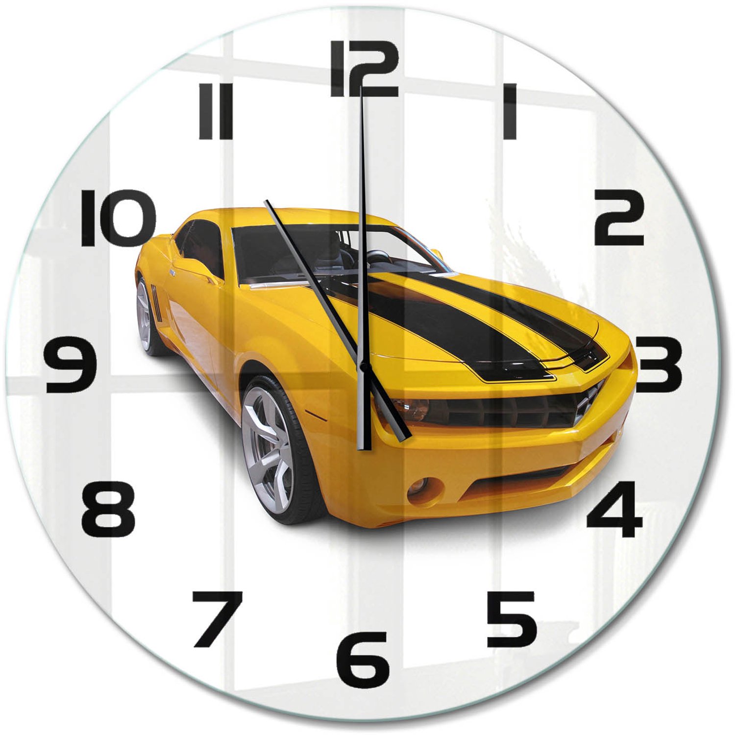 TULUP Wandklok - Sportwagen Glazen Wandklok Design - fi60 cm - Geel Klok Glas Met Opdruk - Zwarte handen - Ronde Klok - Wandklok Glas Met Motief - Decoratieve Glazen Klok