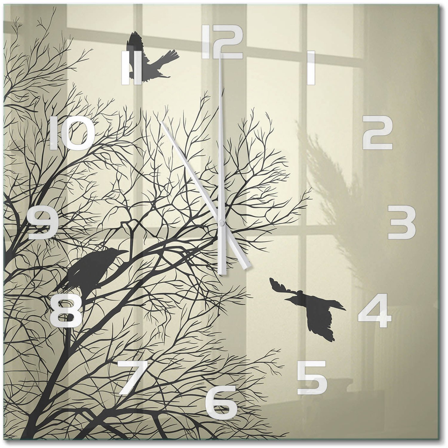 TULUP Wandklok - Raven in de boom Glazen Wandklok Design - 60x60 cm - Beige Klok Glas Met Opdruk - Witte handen - Vierkante Klok - Wandklok Glas Met Motief - Decoratieve Glazen Klok