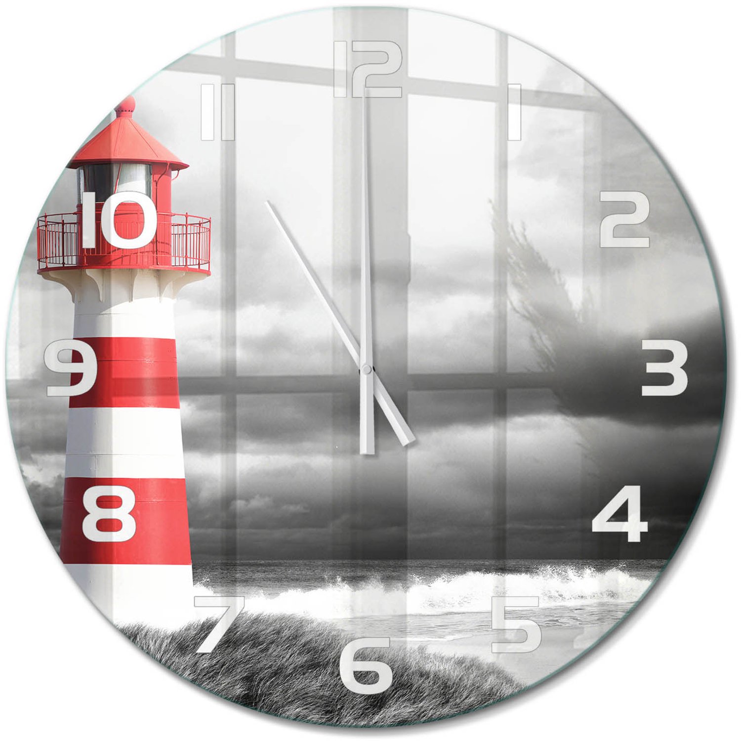 TULUP Wandklok - Vuurtoren Klok Glas Met Opdruk - fi60 cm - Rood Moderne Wandklok Glas - Witte handen - Ronde Klok - Decoratieve Glazen Klok - Glazen Wandklok Design