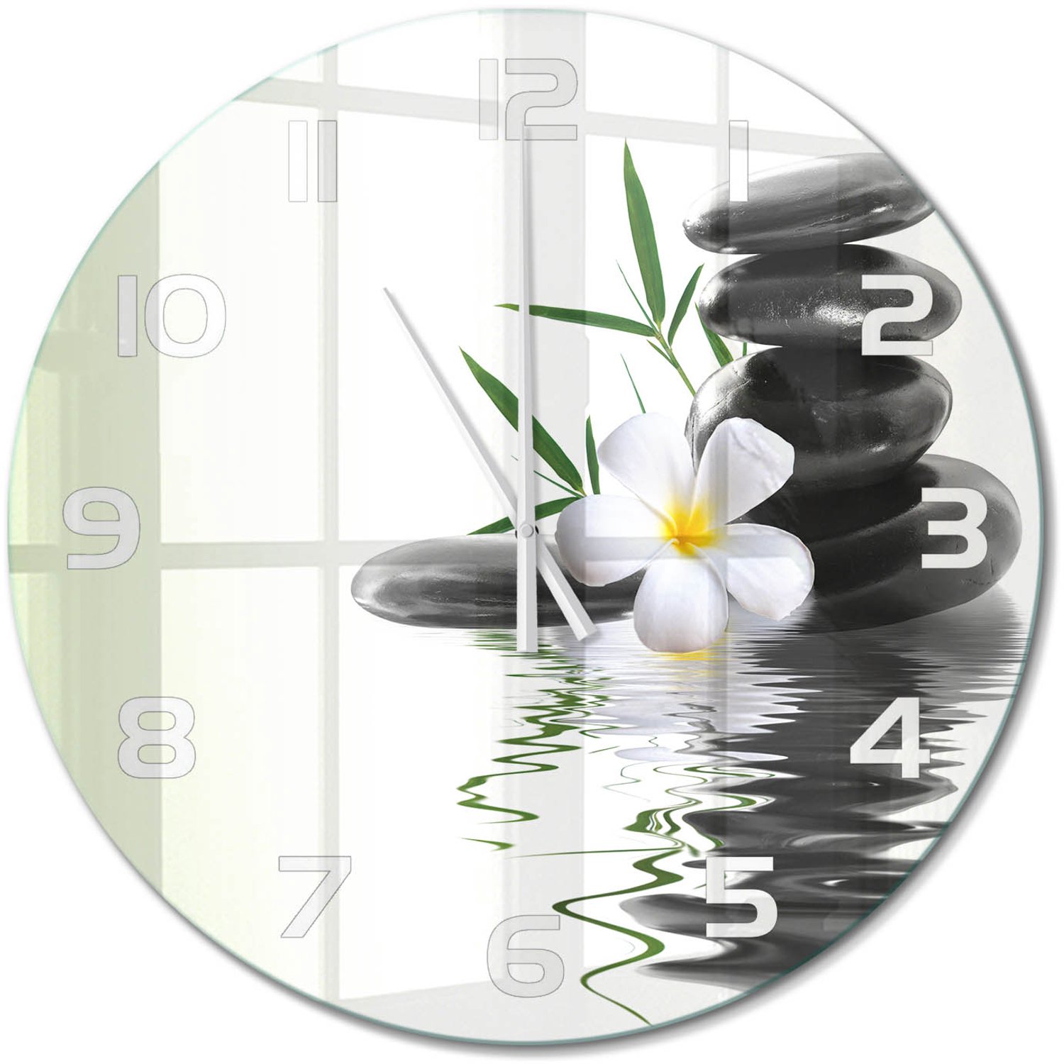 TULUP Wandklok - Orchidee en stenen Glazen Klok Met Print - fi60 cm - Zwart Wandklok Glas Met Motief - Witte handen - Ronde Klok - Wandklok Glas Decoratie - Gekleurde Glazen Klok
