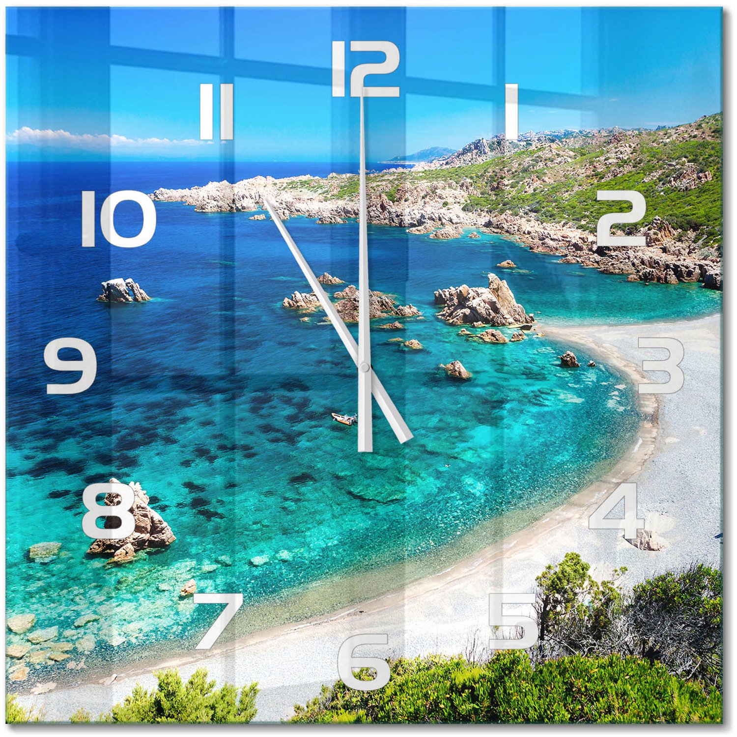 TULUP Wandklok - Baai Moderne Wandklok Glas - 60x60 cm - Blauw Wandklok Glas Decoratie - Witte handen - Vierkante Klok - Glazen Wandklok Design - Klok Glas Met Opdruk