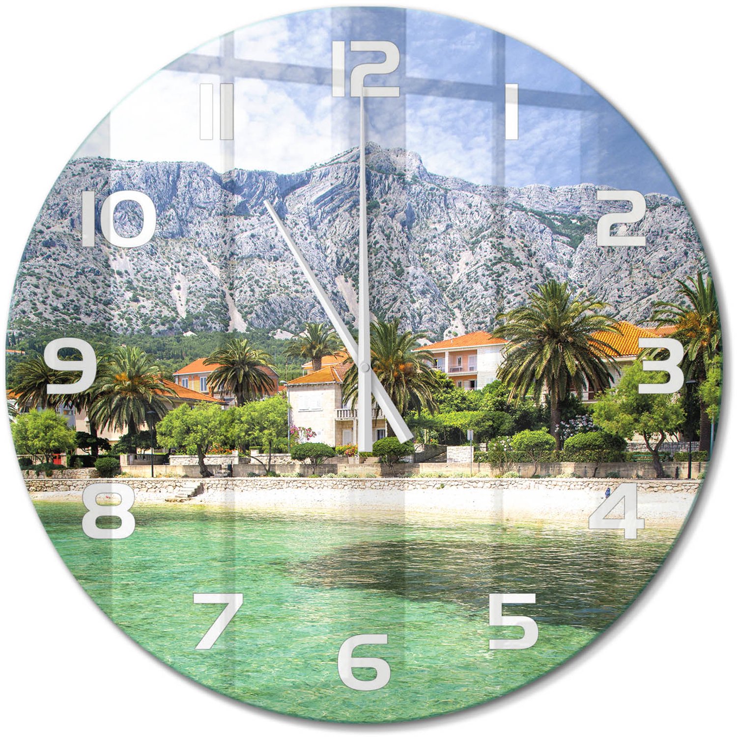 TULUP Wandklok - Strand in Kroatië Glazen Wandklok Design - fi60 cm - Groente Klok Glas Met Opdruk - Witte handen - Ronde Klok - Wandklok Glas Met Motief - Decoratieve Glazen Klok