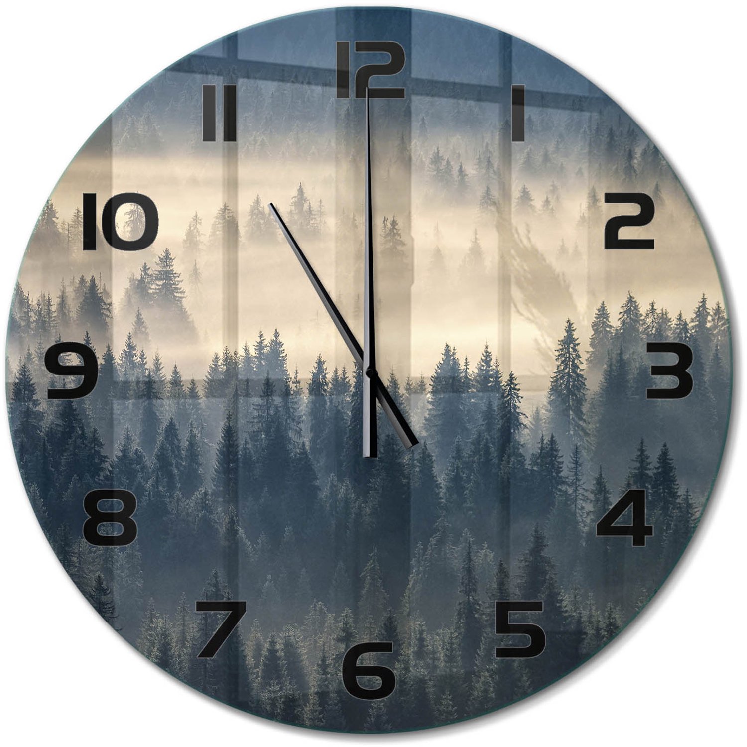 TULUP Wandklok - Mist boven het bos Glazen Wandklok Design - fi60 cm - Grijs Klok Glas Met Opdruk - Zwarte handen - Ronde Klok - Wandklok Glas Met Motief - Decoratieve Glazen Klok