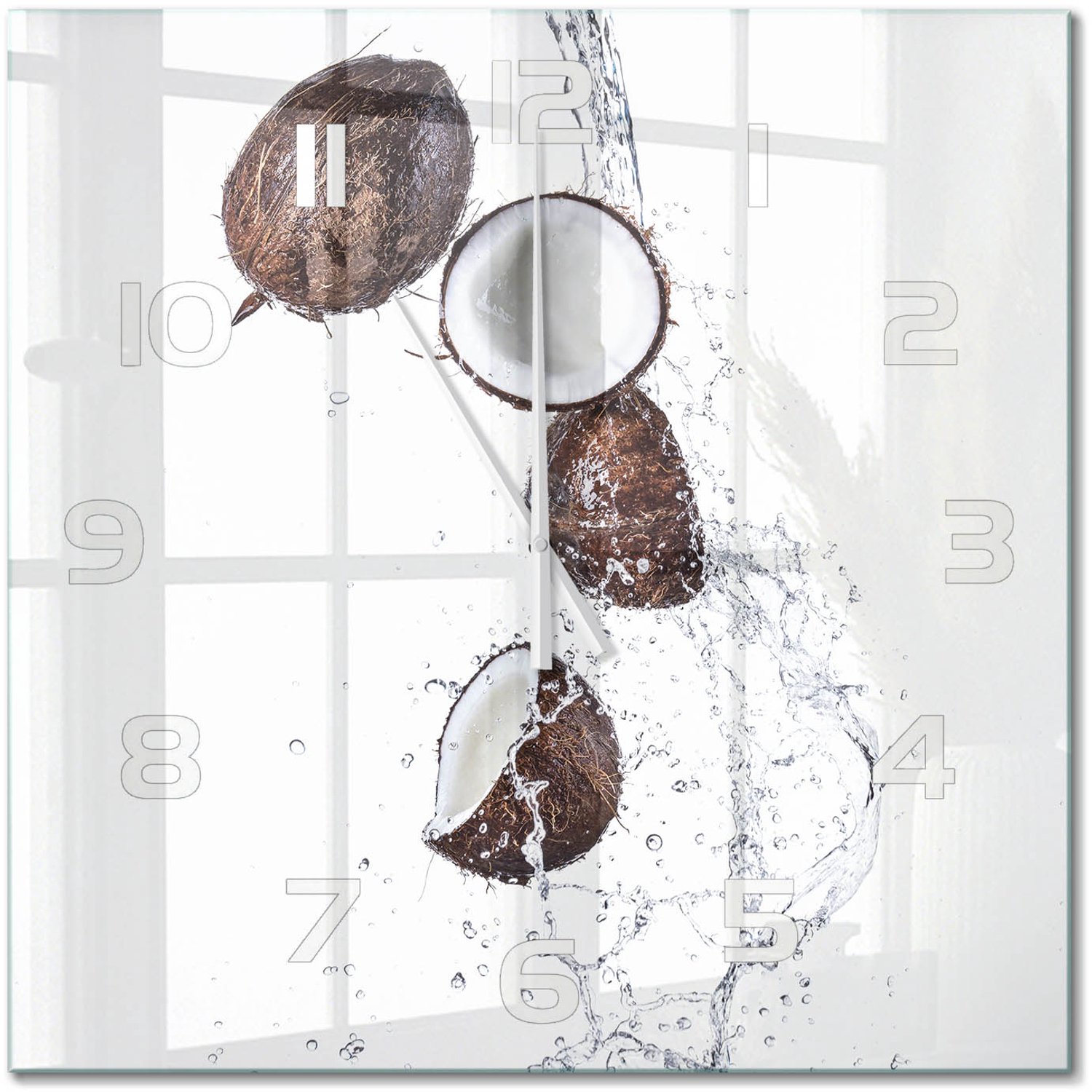 TULUP Wandklok - Kokosnoot met water Klok Glas Met Opdruk - 60x60 cm - Bruin Moderne Wandklok Glas - Witte handen - Vierkante Klok - Decoratieve Glazen Klok - Glazen Wandklok Design