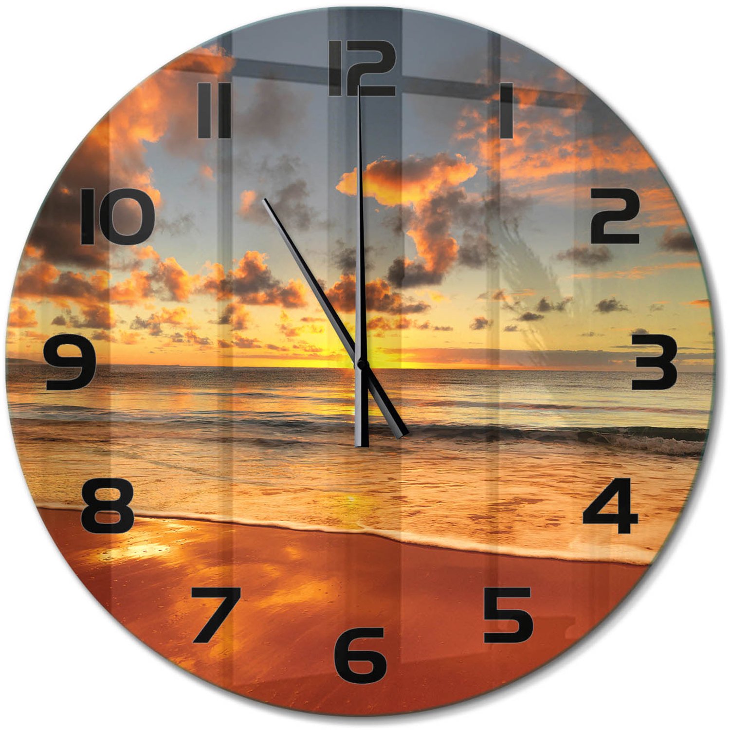 TULUP Wandklok - Australisch strand Klok Glas Met Opdruk - fi60 cm - Oranje Moderne Wandklok Glas - Zwarte handen - Ronde Klok - Decoratieve Glazen Klok - Glazen Wandklok Design