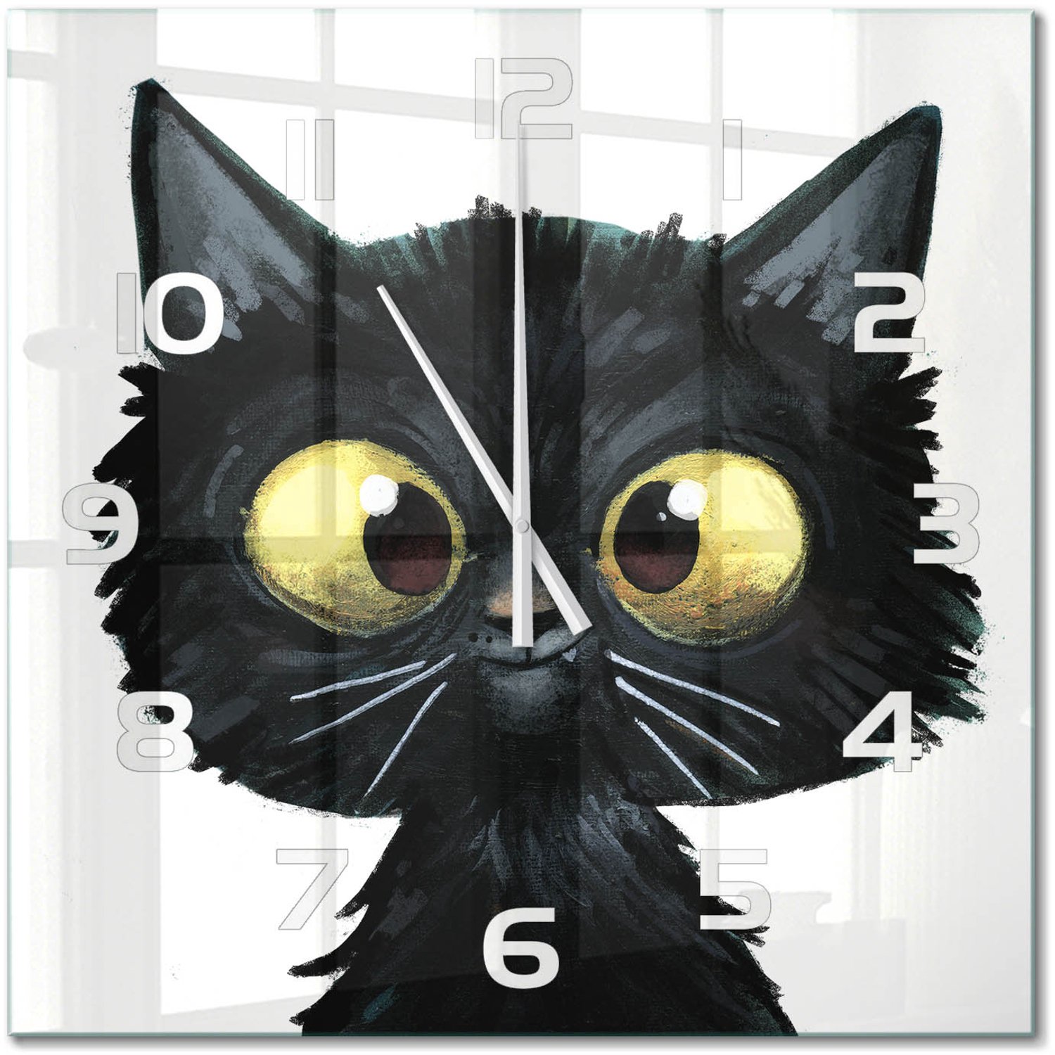 TULUP Wandklok - Kattenillustratie Decoratieve Glazen Klok - 60x60 cm - zwart Glazen Wandklok Design - Witte handen - Vierkante Klok - Glazen Klok Met Print - Wandklok Glas Met Motief